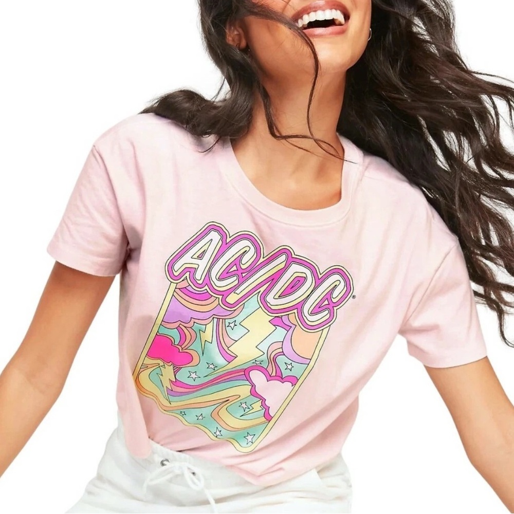 Old Navy‎ AC/DC Cloud Lightning Cropped Graphic T-Shirt pink size Small